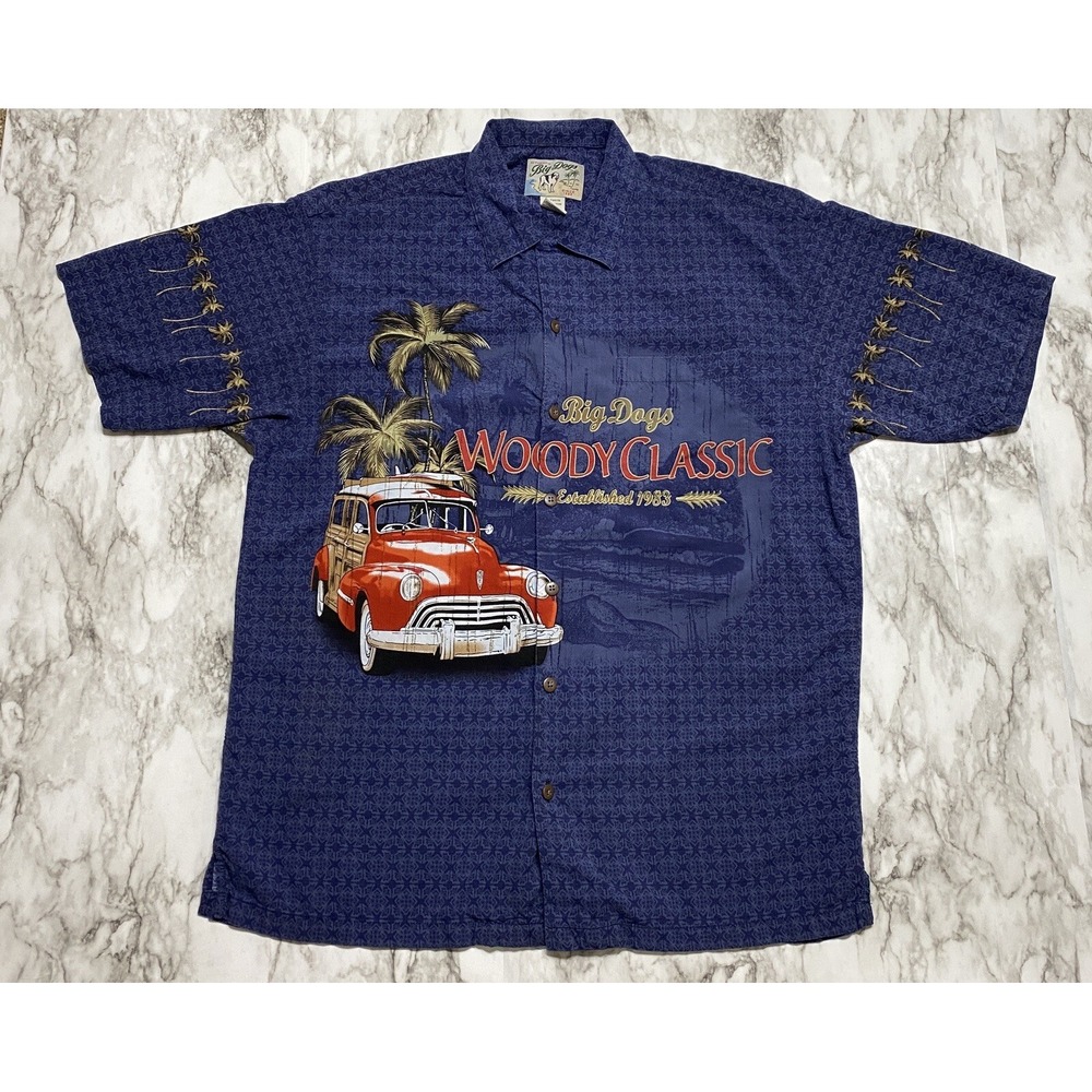 Big Dogs Men's Shirt Size M Blue‎ Woody Classic Car Palm Tree Beach Short Sleeve